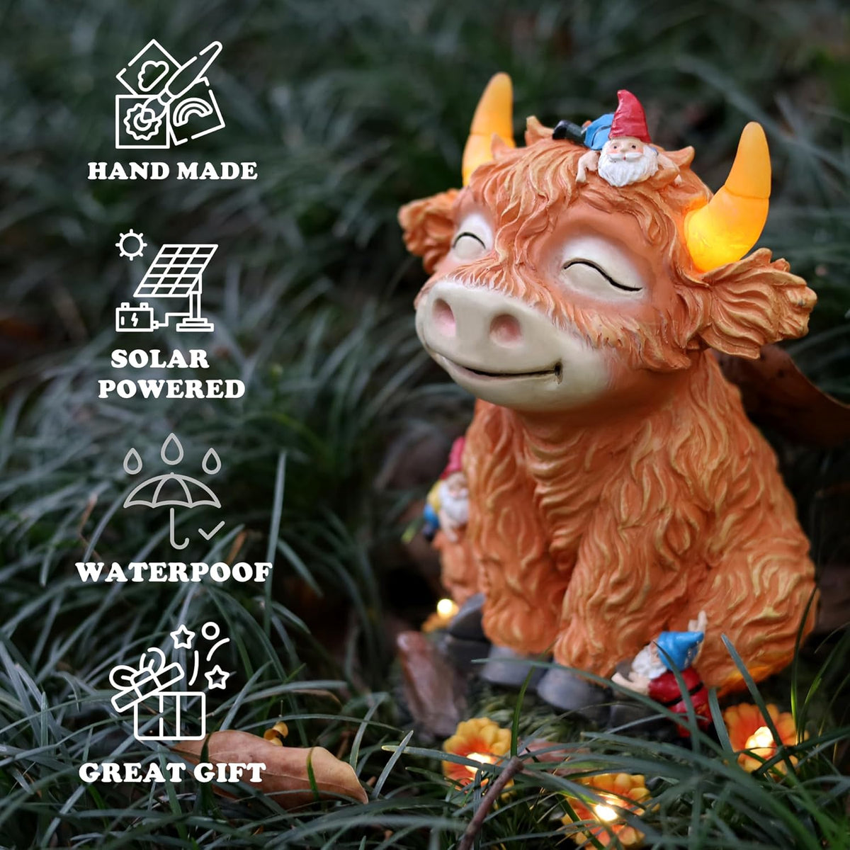 Solar Garden Statue Highland Cow Figurine with Funny Gnomes Garden Outdoor Decor for Yard Patio