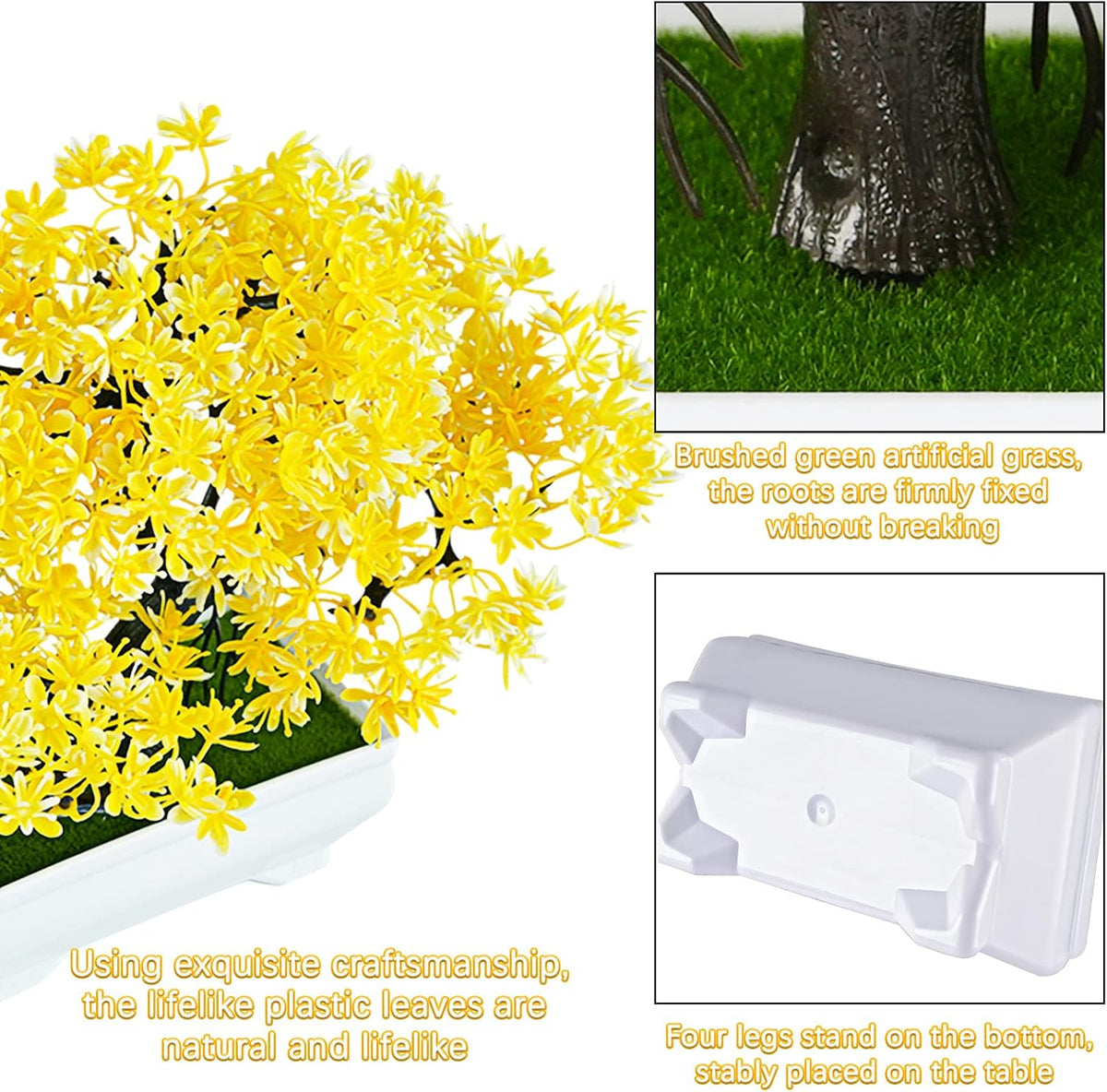 Mini Artificial Bonsai Tree Plants with Plastic Cement Pots for Home Office Décor (Yellow)