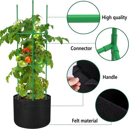 4 Packs 47 x 12 Inch Garden Tomato Cages with Grow Bags- Triangle Plant Support Trellis Assembled