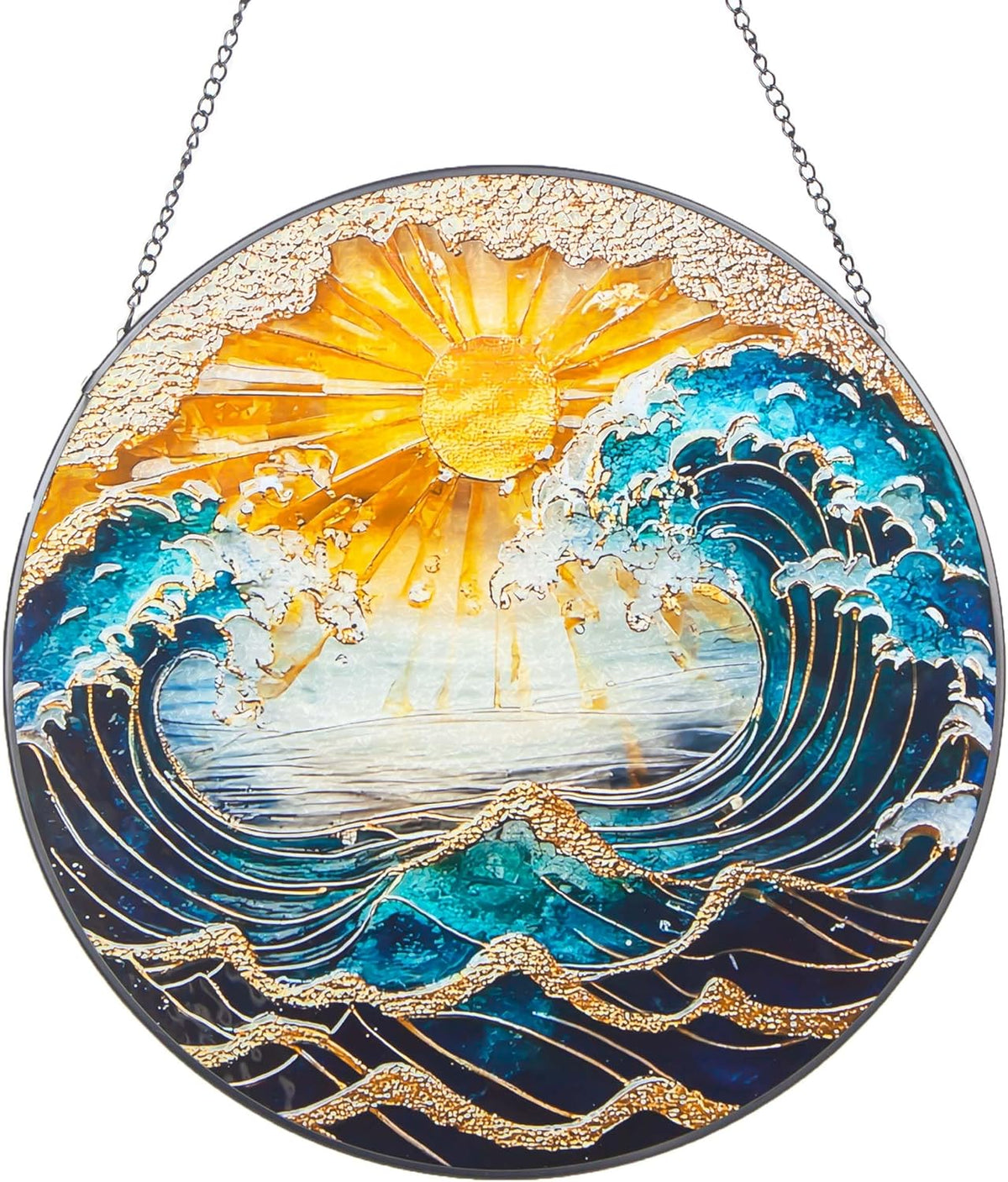 Ocean Wave Sunset Suncatcher Stained Glass Window Hanging - 10" Hand-Painted Sun Catcher Garden