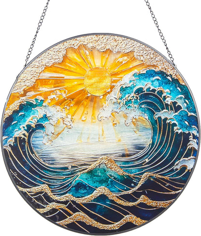 Ocean Wave Sunset Suncatcher Stained Glass Window Hanging - 10" Hand-Painted Sun Catcher Garden