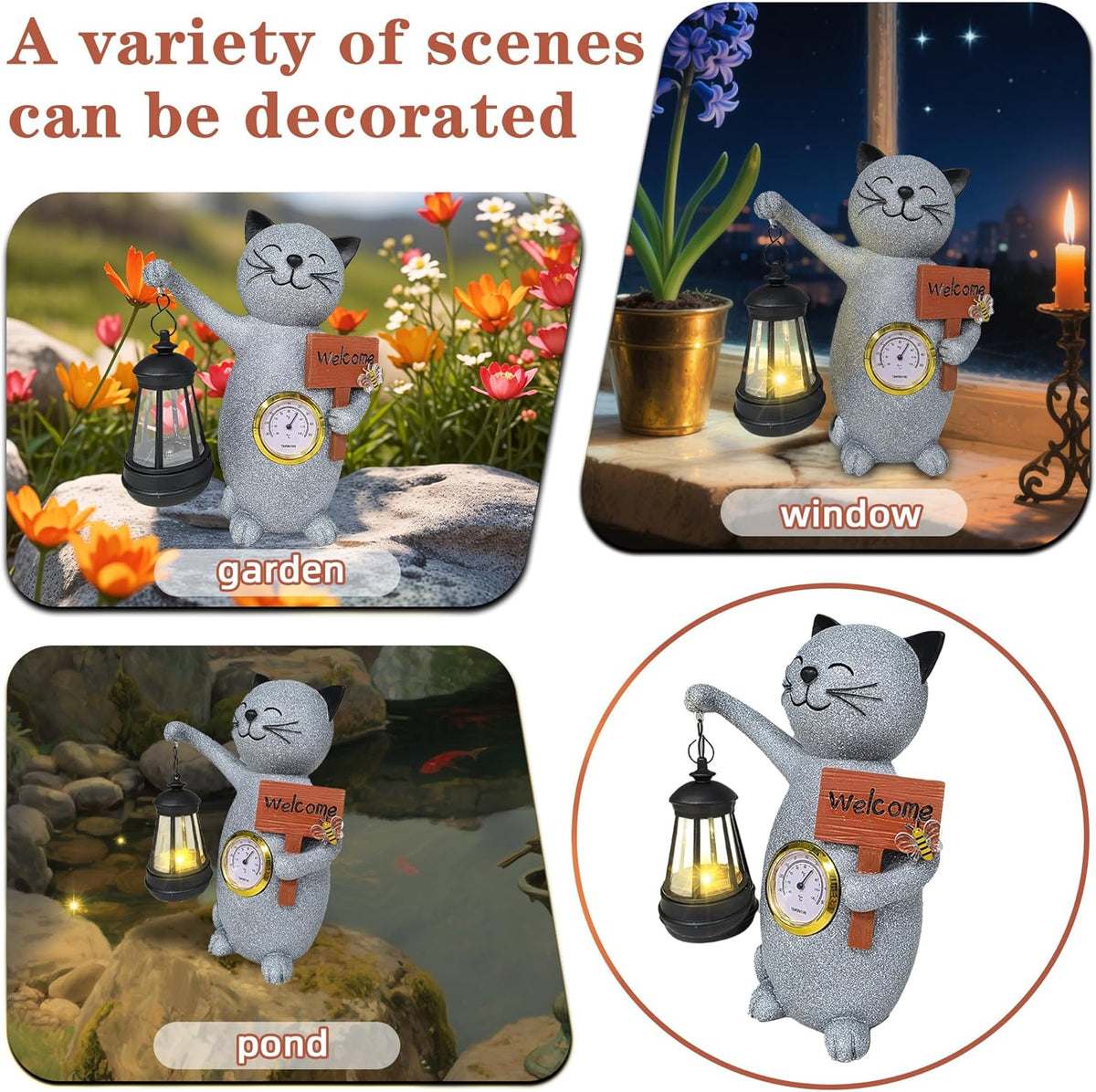Solar Cat Outdoor Statues for Garden-Creative Thermometer-Lantern-Welcome Sign, Suitable for Yard
