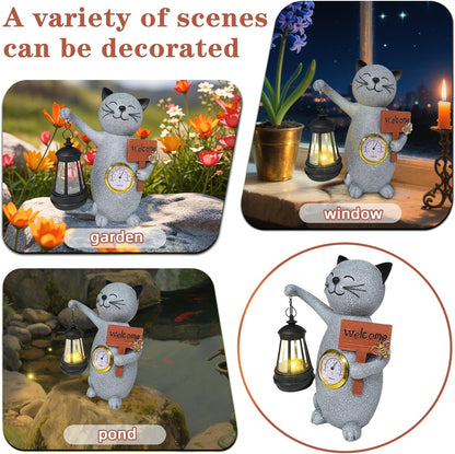 Solar Cat Outdoor Statues for Garden-Creative Thermometer-Lantern-Welcome Sign, Suitable for Yard