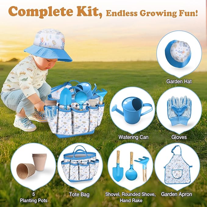 Kids Gardening Tool Set 18PCS Kids Toddler Gardening Set Includes Tote Bag Watering Can Apron Hat