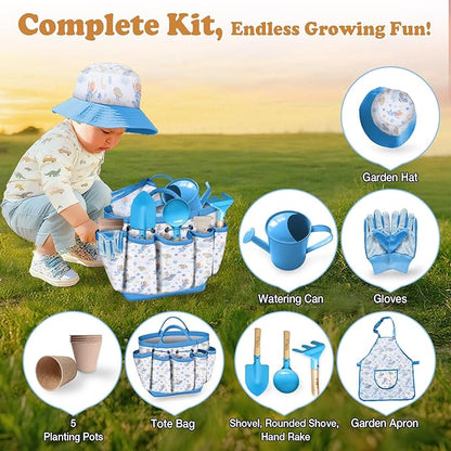 Kids Gardening Tool Set 18PCS Kids Toddler Gardening Set Includes Tote Bag Watering Can Apron Hat