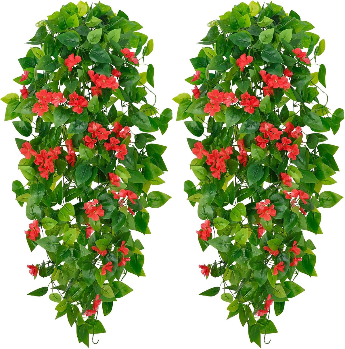 BLEUM CADE Artificial Hanging Flowers for Outdoors, 2pcs Fake Hanging Plants Pothos Vines with Red