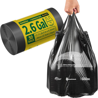 Small Trash Bags with Handles 2.6 Gallon 50 Count Black - Ocean Plastic Upcycling - Plastic Garbage