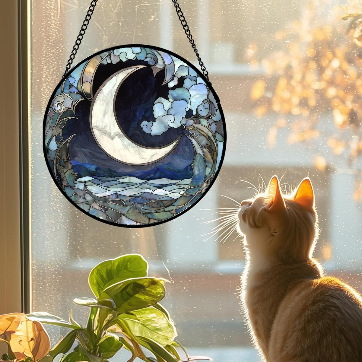 Stained Glass Window Hanging - Abstract Sea of Clouds Moon Sun Catcher for Door Terrace Garden Home