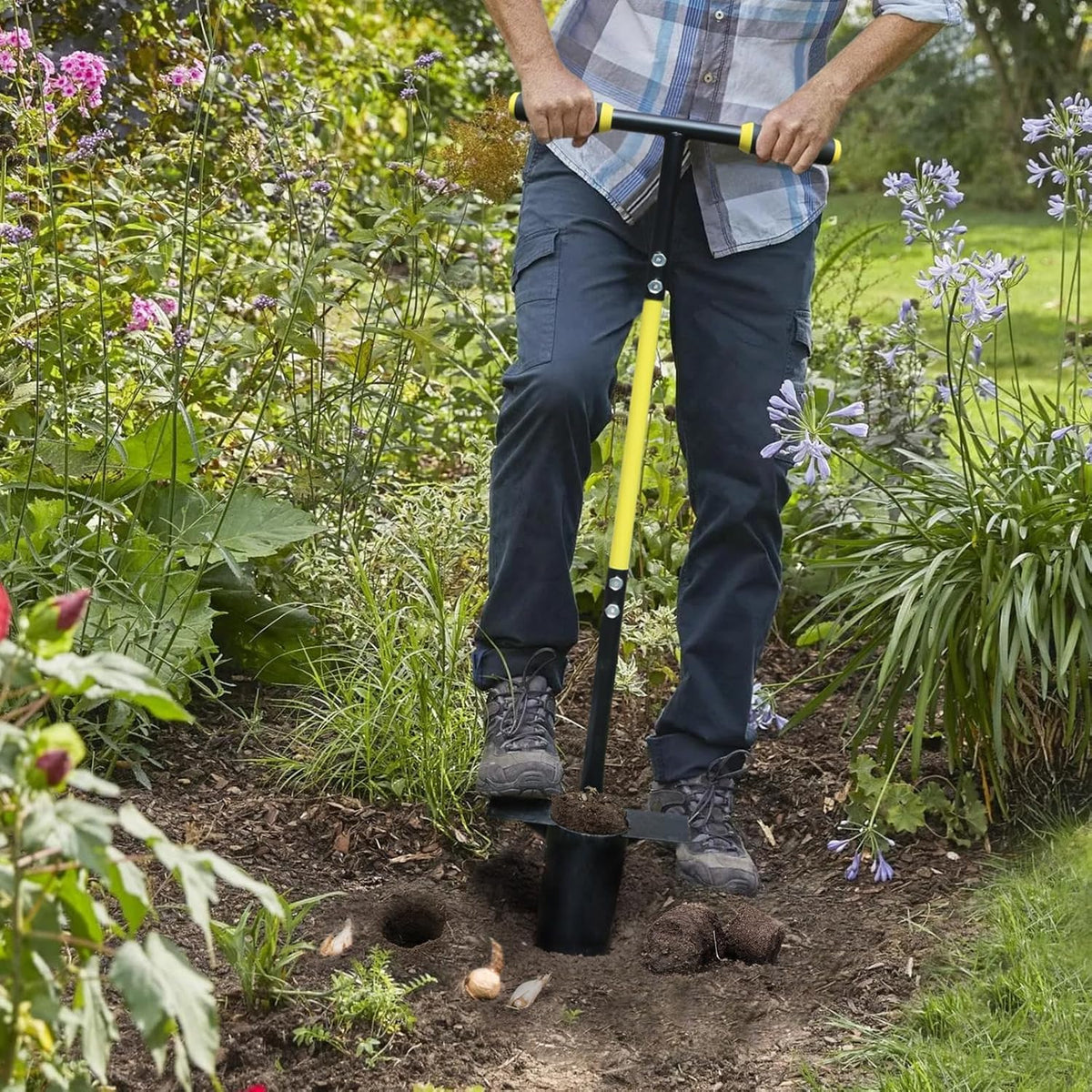 Jardineer Bulb Planter Tool Long Handle, Heavy Duty Stainless Steel Garden Transplanter with