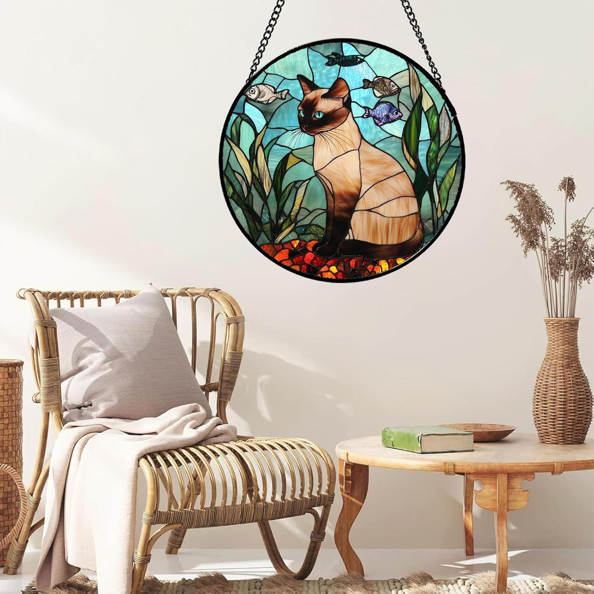Stained Glass Window Hanging Cat Fish Plants 7.8" - Suncatcher Door Garden Sunroom Sun Catcher Home