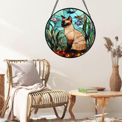 Stained Glass Window Hanging Cat Fish Plants Large 15" - Suncatcher Door Garden Sunroom Sun Catcher