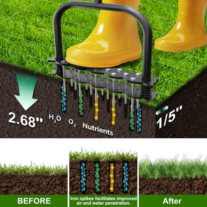 Lawn Aerator -Aerator Lawn Tool with 14 Iron Spikes, Automatic Dirt and Leaf Clean with