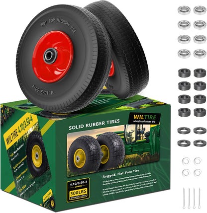 (2 Pack) 4.10/3.50-4 Flat Free Tire and Wheel 10-Inch Solid Wheel Replacement with 5/8 Extra 3/4