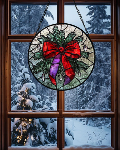 Stained Glass Window Hanging - Purple Gem Christmas Wreath Suncatcher for Doors Home Christmas