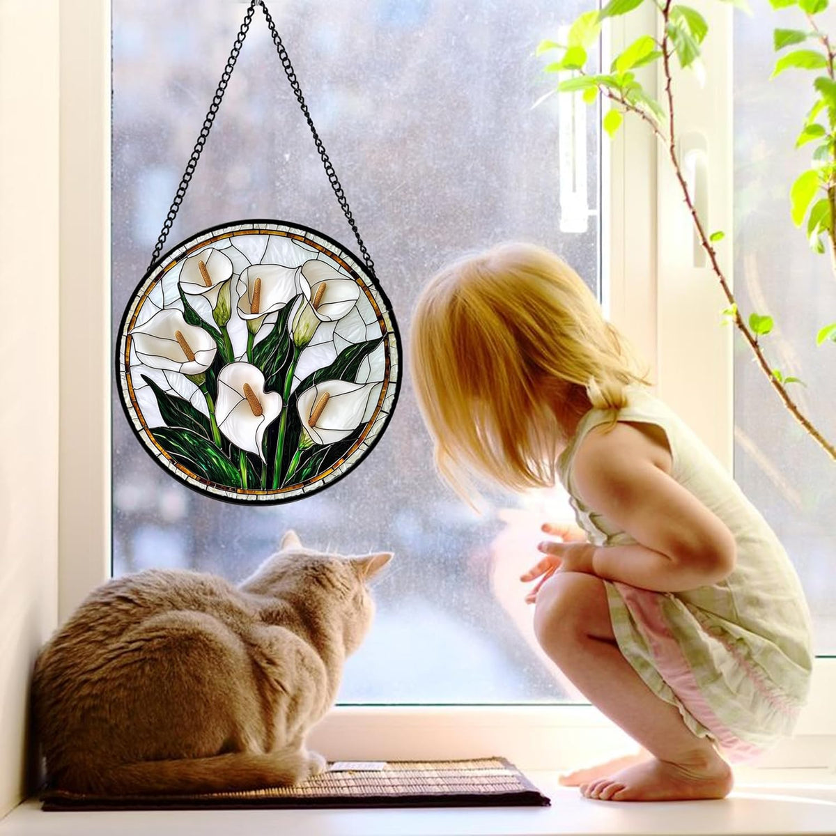 Stained Glass Window Hanging, White Calla Lily Flowers Sun Catchers Glass Panel Plant Suncatcher
