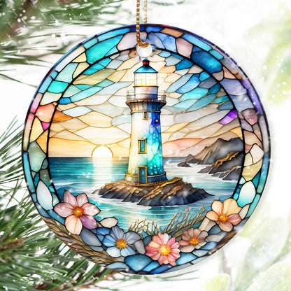 Colorful Ceramic Lighthouse Christmas Ornament for Tree, Holiday Decorations, Christmas Decor