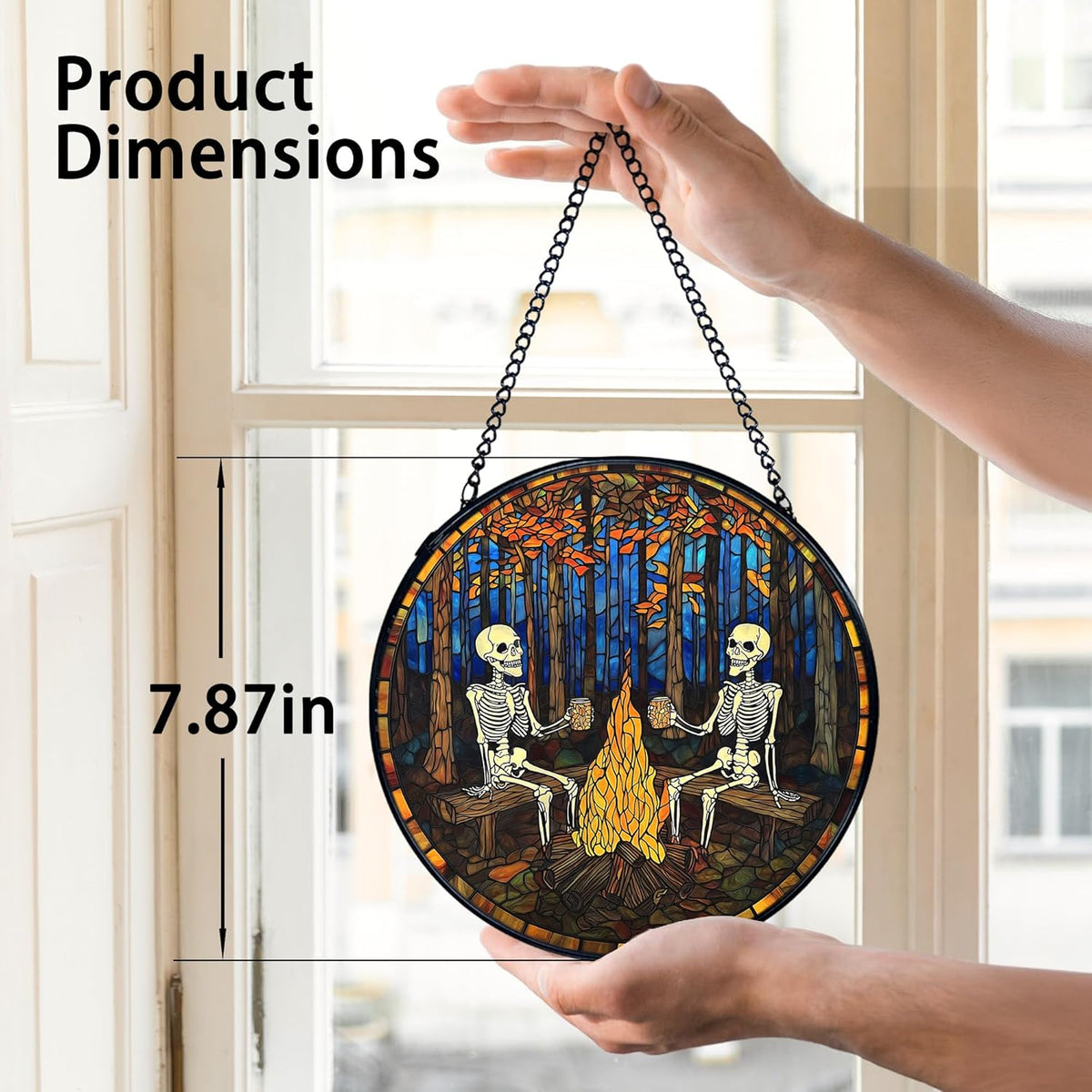 TNUW Halloween Fall Skeleton Stained Glass Window Hanging, Gothic Skeleton Autumn SunCatchers