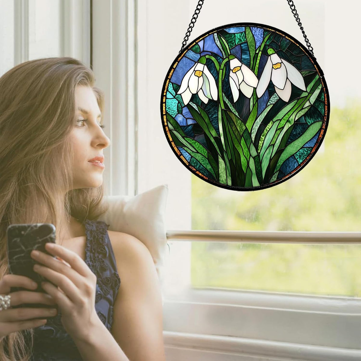 Stained Glass Window Hanging - Green Plants Birth Flowers Suncatcher for Doors Garden Patio Sun