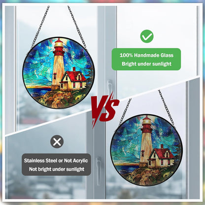 Lighthouse Stained Glass Window Hanging, Suncatcher Diamond Glass Panel Hangings, Suncatchers