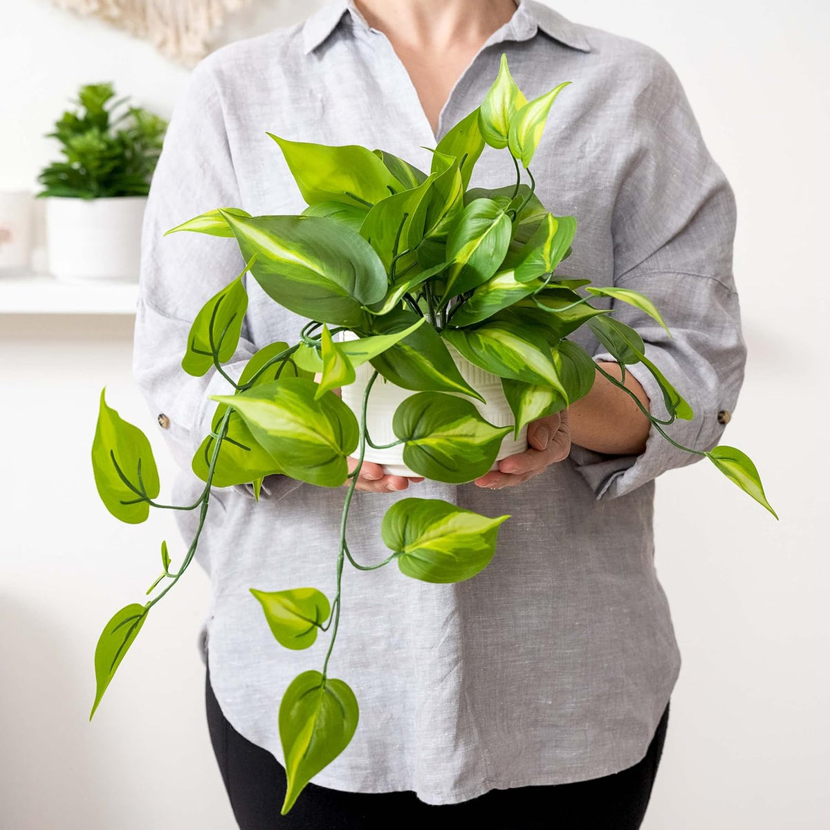 Kurrajong Farmhouse Dark Green Fake pothos | Fake Plant for Shelf Decor | Artificial Trailing Ivy