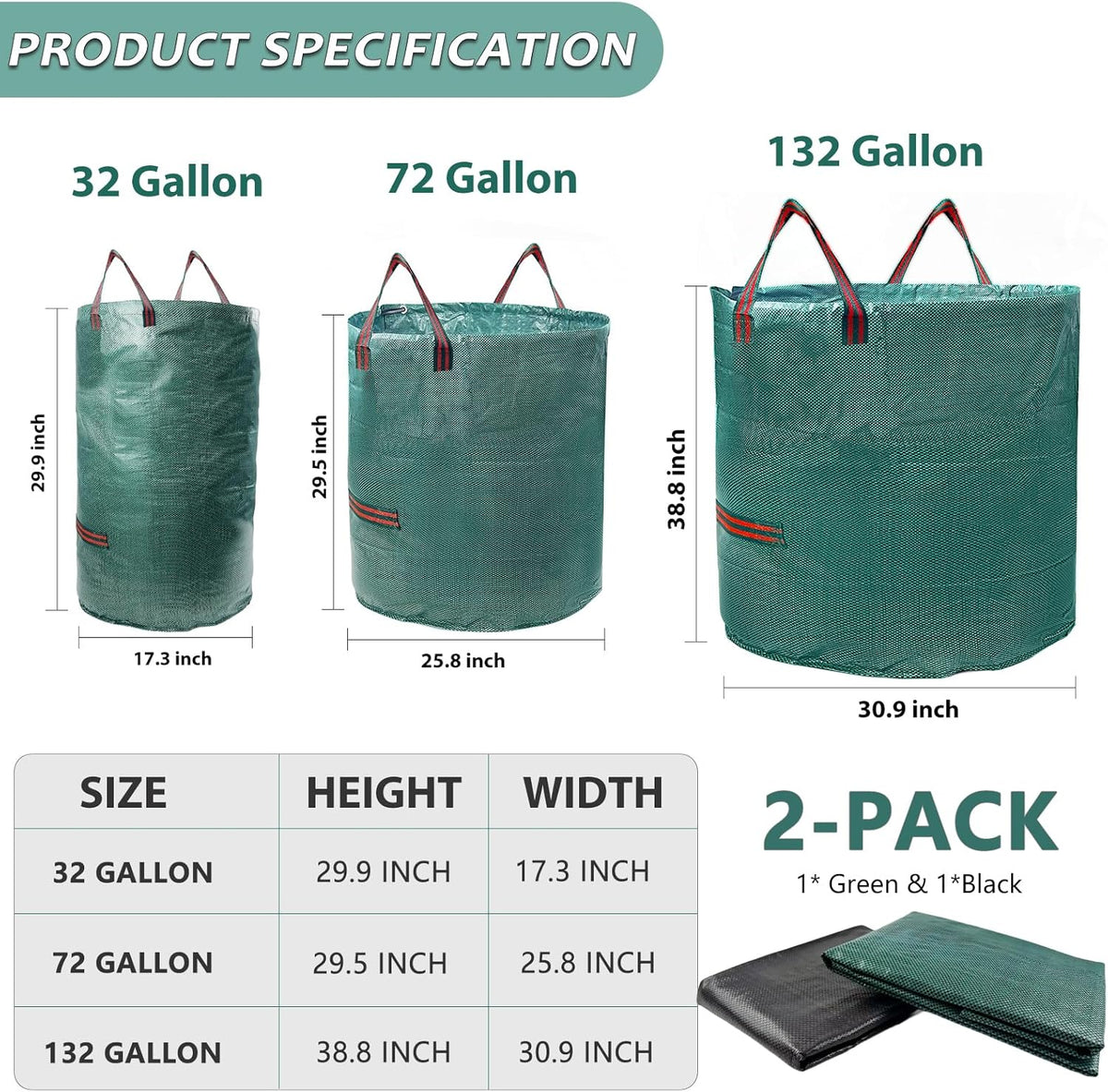 2 Pack 132 Gallon Reusable Yard Waste Bags (Green + Black), Durable Lawn and Leaf Bags with