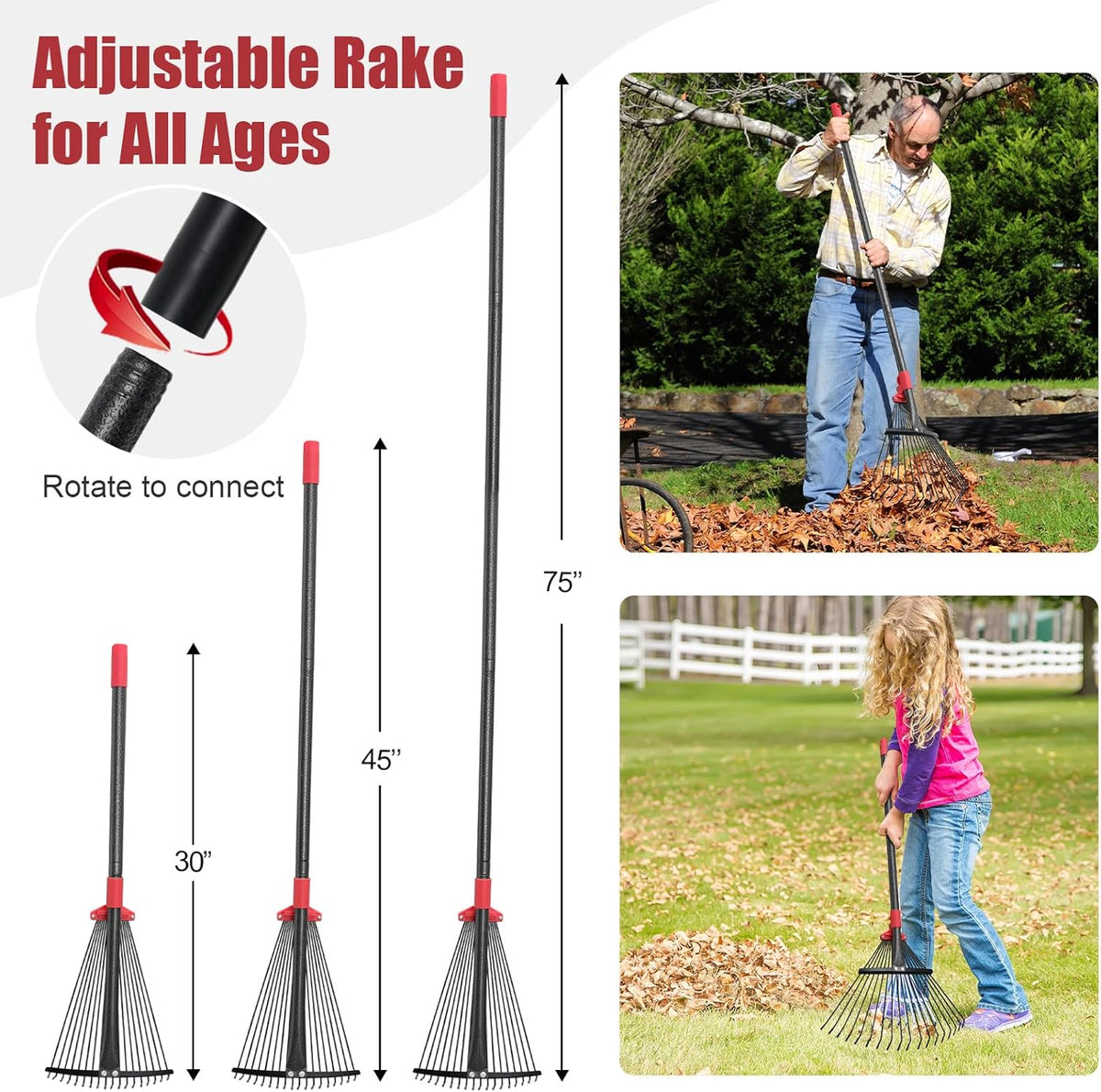 Garden Rake for Leaves: 55 Inch Adjustable Long Handle 18 Metal Tines with 8-17" Expandable Head
