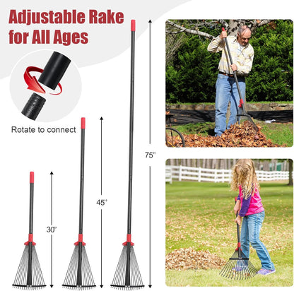 Garden Rake for Leaves: 55 Inch Adjustable Long Handle 18 Metal Tines with 8-17" Expandable Head