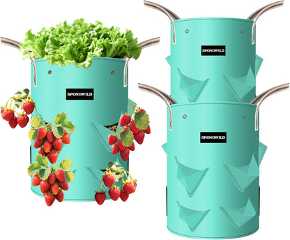 3 Pack 10 Gallon Strawberry Grow Bags, Heavy Duty Reusable PE Pots with Breathable Window, Branch &