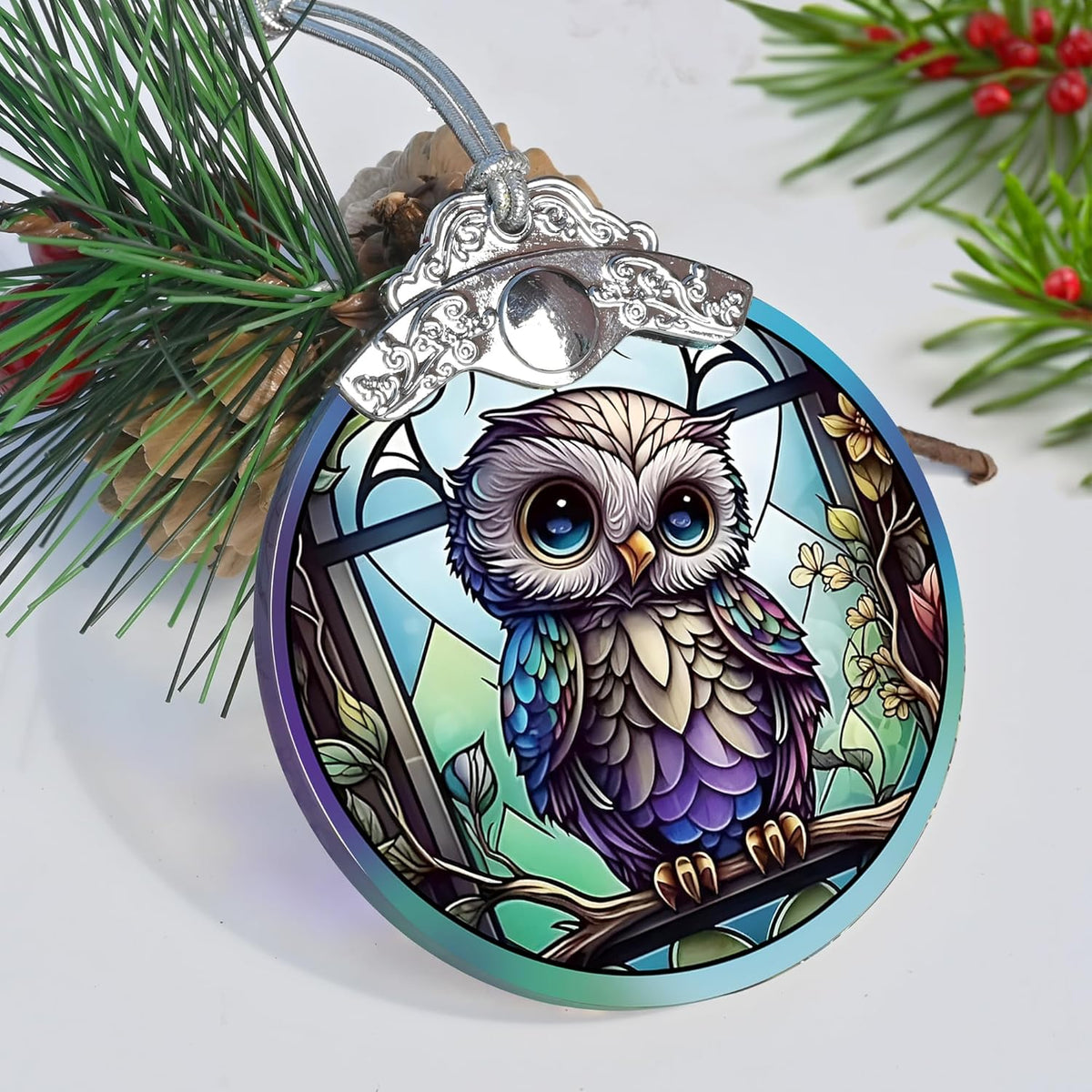 Owl Christmas Ornaments - Stained Glass Holiday Decorations, Tree Ornaments, Xmas Gifts for Owl