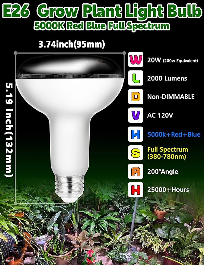 BR30 LED Grow Light Bulbs Floodlight 5000K Red Blue Full Spectrum, 20W E26 Plant Light Bulb 200w