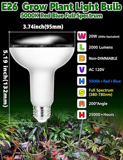 BR30 LED Grow Light Bulbs Floodlight 5000K Red Blue Full Spectrum, 20W E26 Plant Light Bulb 200w