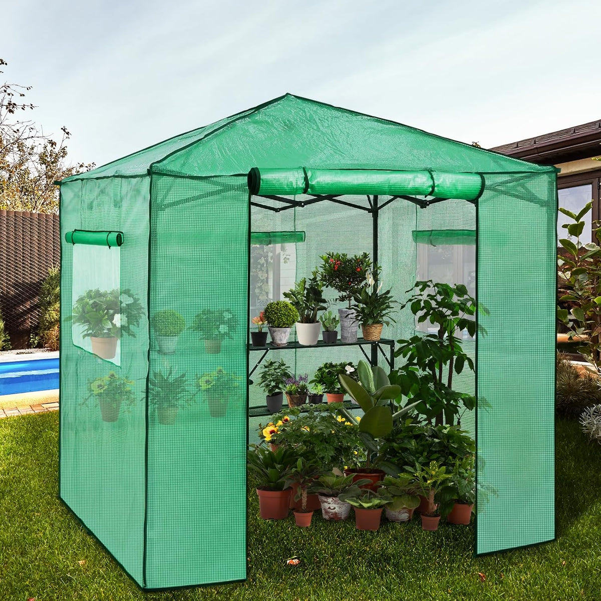 EAGLE PEAK 7x7 Pop up Greenhouse Portable Walk-in Outdoor Gardening Green House with 2 Foldable