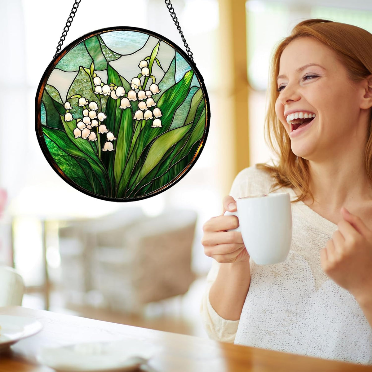 Stained Glass Window Hanging - White Green Lily of The Valley Suncatcher for Doors Garden Terrace