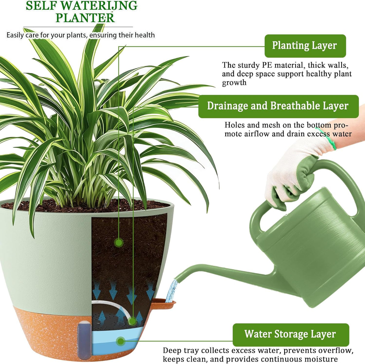 2 Pack 10 inch Plant Pots, Plastic Self Watering Planters with Drainage Holes, Deep Reservoir