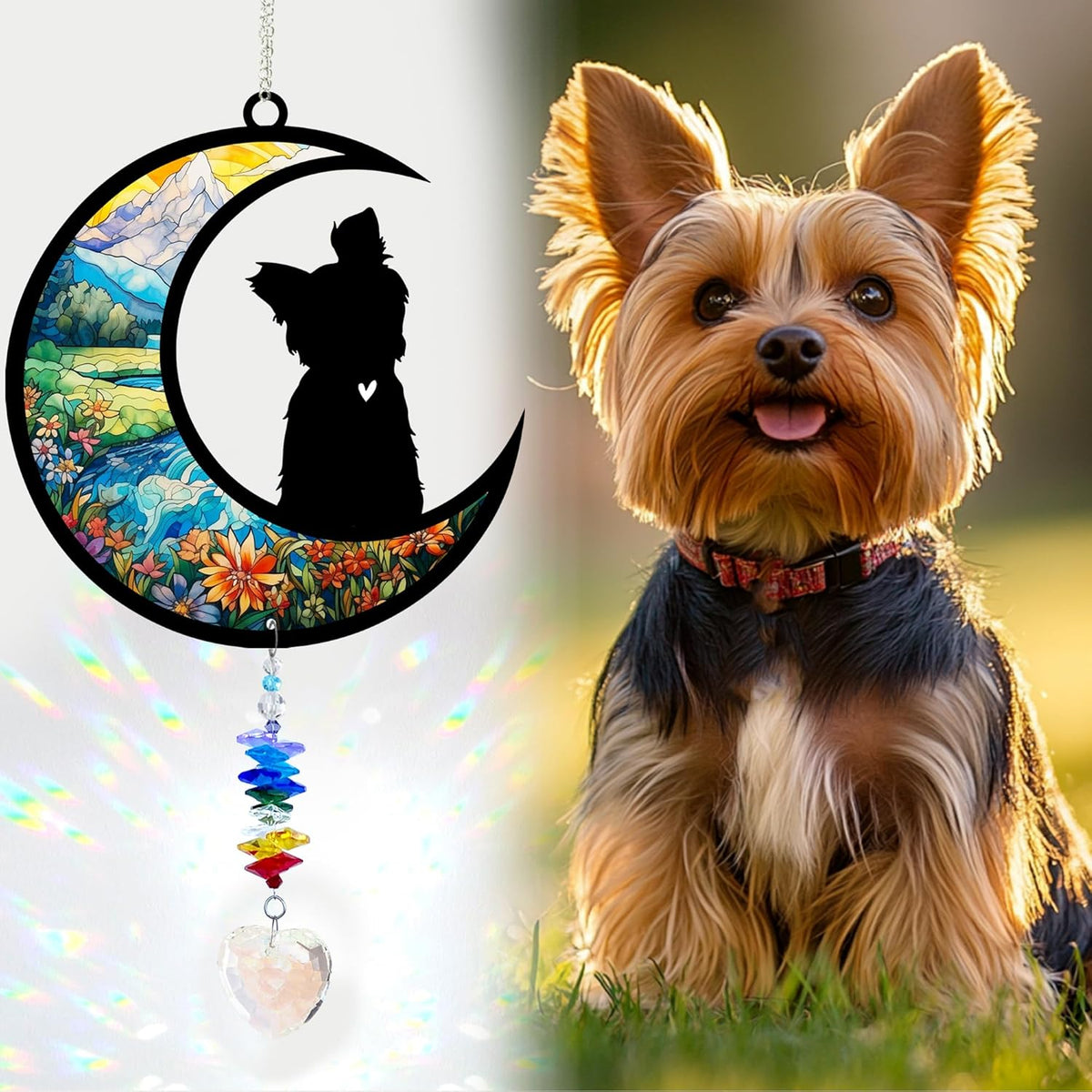 Yorkshire Terrier Suncatcher, Personalized Pet Loss Gift with Name & Date, Heart-Shaped Crystal Sun