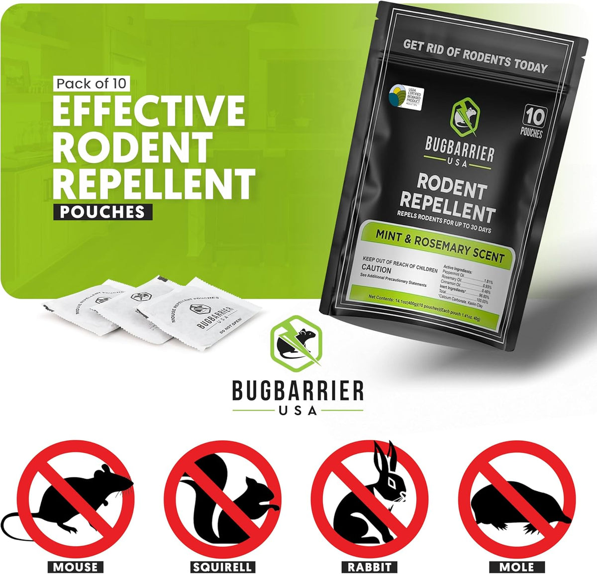 BugBarrier's Extra-Strength Mouse Repellent Deterrent Pouches, USDA 99% Biobased, Peppermint &