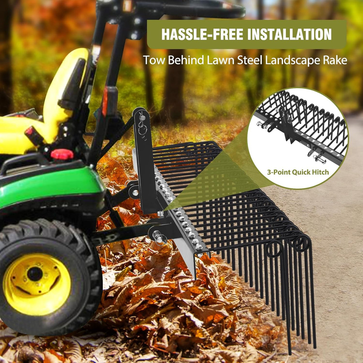 GAOMON 72 Inch Pine Straw Rake, 30 Coil Spring Tines Durable Powder Coated Steel Tow Behind