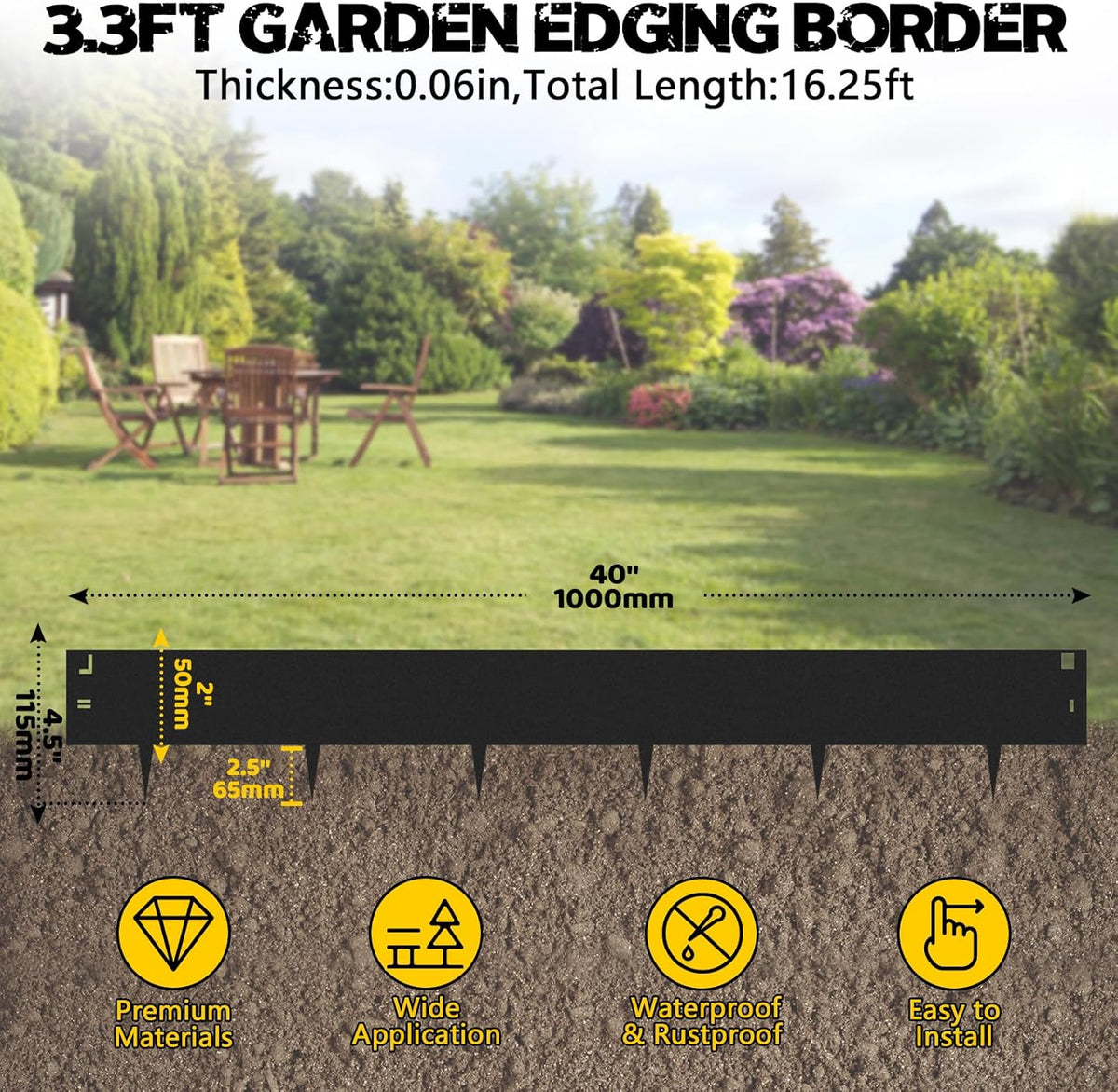 5Pack Galvanized Steel Landsacpe Edging,40“/L x 6.5"/H No Dig Edging for Landscaping,Garden Edging