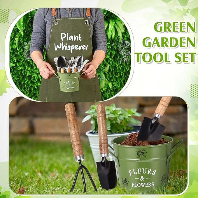 Tarpop Green Garden Tool Set Plant Whisperer Gardening Gifts for Women, 7 Piece Vegetable Planting