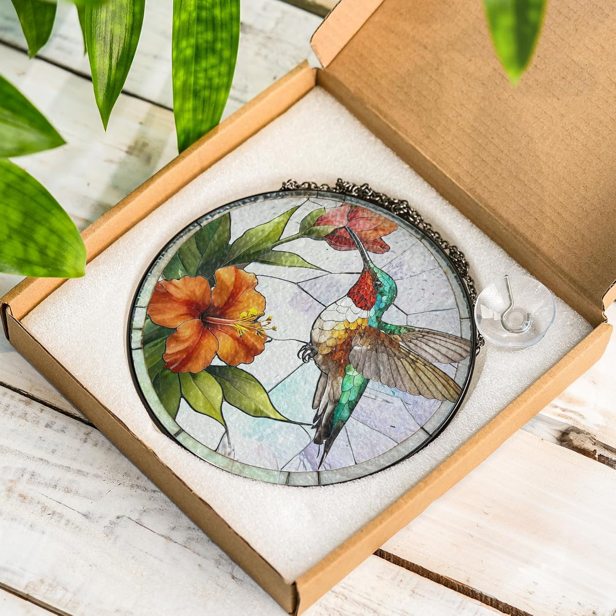 7.8" Green Hummingbird Stained Glass Suncatchers Art Glass Bird and Flowers for Sun Catcher Indoor