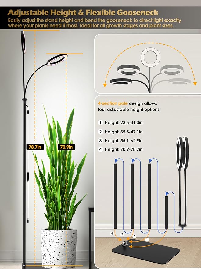 GLOWRIUM Grow Lights for Indoor Plants,Plant Light with 3/9/12/16H Grow Light Timer,2-Head 48W Full