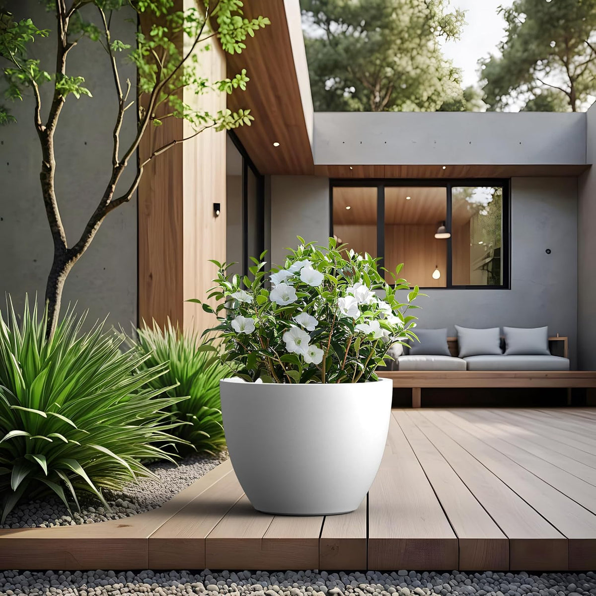 Kante 17.3 Inch Round Concrete Planter - Classic Large Indoor/Outdoor Plant Pot with Drainage Hole