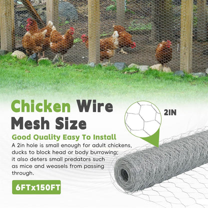 HOSTIC 6FTx150FT Chicken Wire Netting 2IN Galvanized Wire Mesh Hexagonal for Poultry Garden Fencing