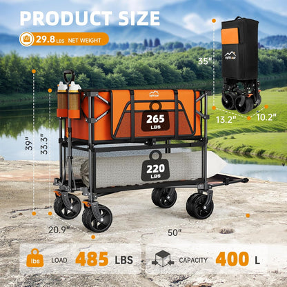 Foldable 50''L Extra Long Double Decker Wagon for Sport, 400L Collapsible Heavy Duty Wagon Cart