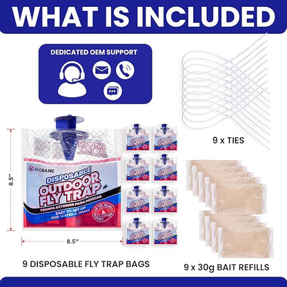 Fly Traps Outdoor Fly Trap for Patio. 9 Non-Toxic Pre-Baited Flies Bags Outdoor Disposable. Hanging