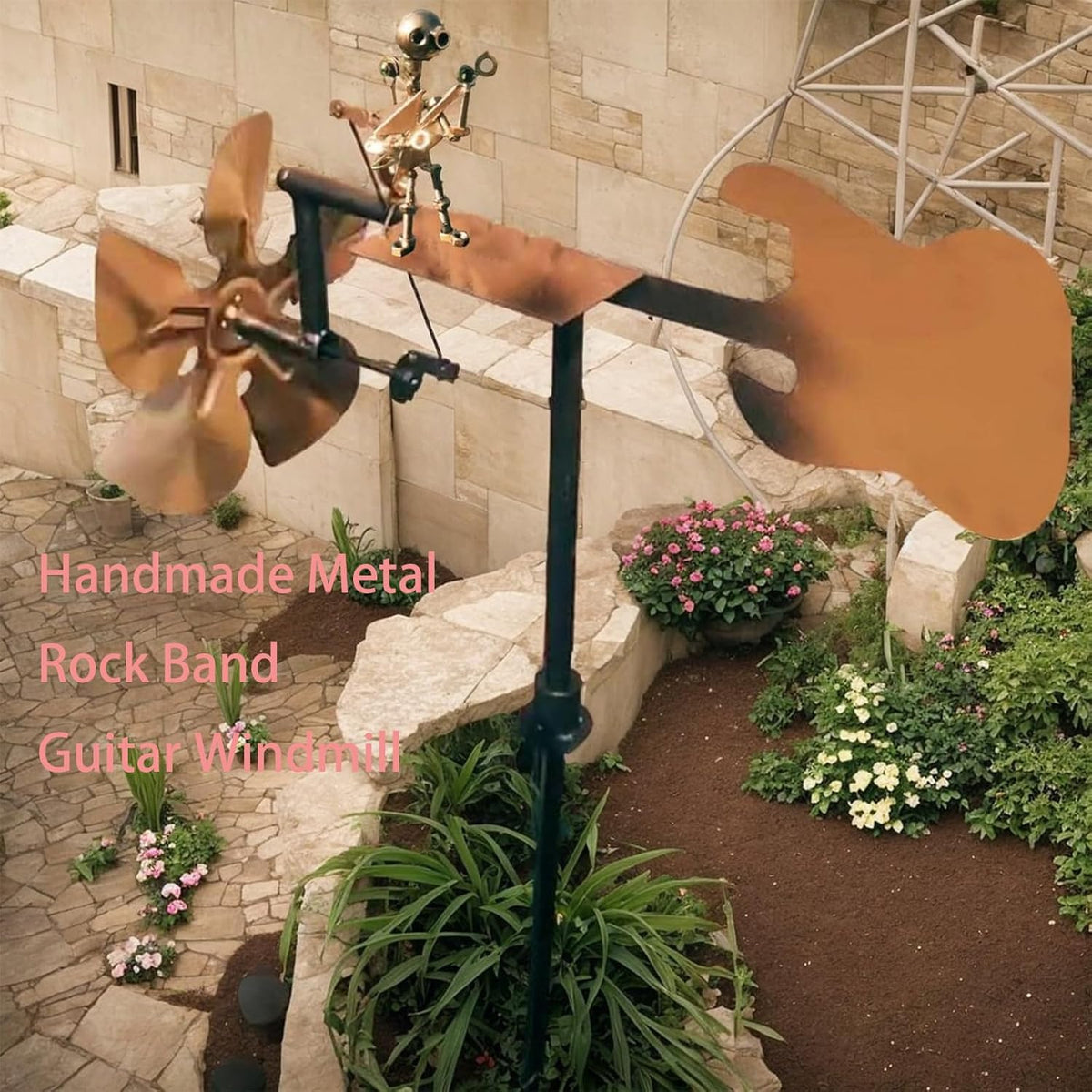 Garden Handmade Metal Rock Band Drummer Guitar Windmill, Kinetic Art Metal Sculpture Wind Spinners