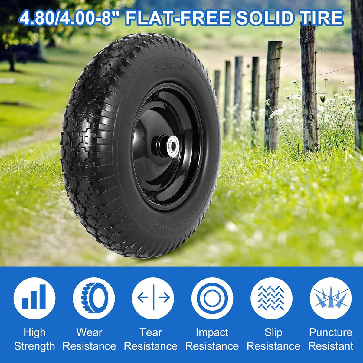 16" Flat Free Wheelbarrow Tires, 4.80/4.00-8" Flat-Free Solid Tire with 5/8" Axle Bore Hole for