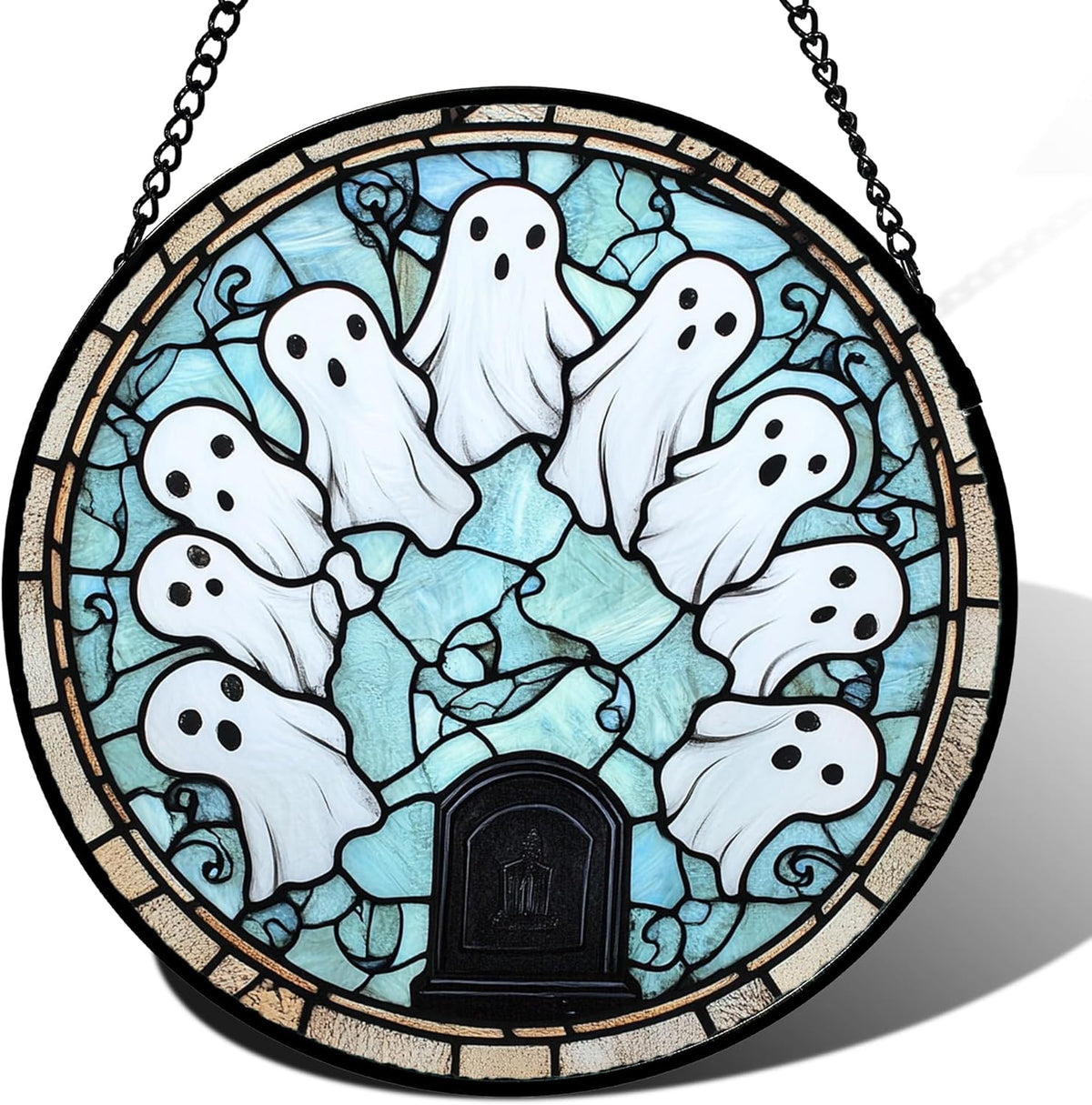Stained Glass Window Hanging - Halloween Decorations Ghosts Tombstones Suncatcher for Doors Garden