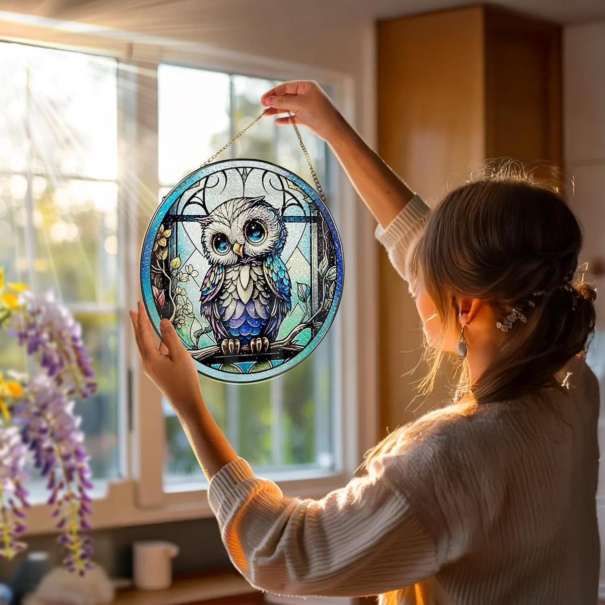 8 Inch Stained Glass Suncatcher Ornament, DOUHASU Owl Sun Catchers Indoor Window, Stained Glass
