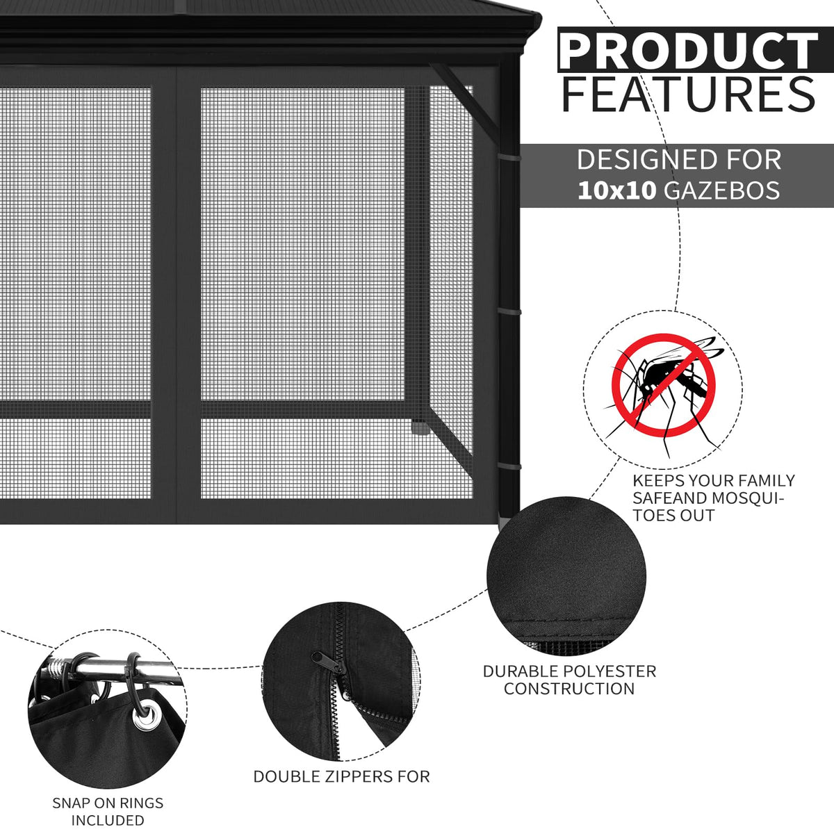 10'x10' Gazebo Mesh Netting, 4 Panels with Zippers, Black